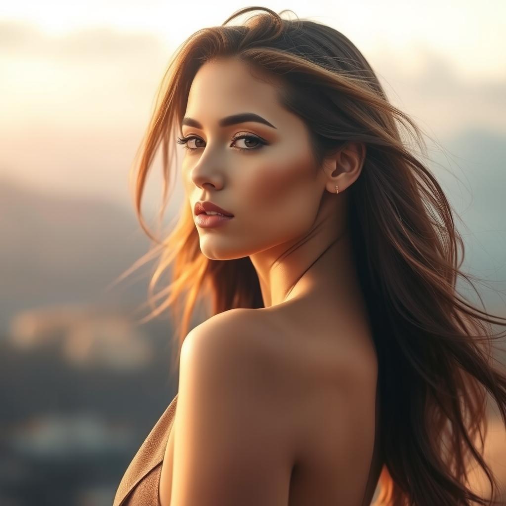 A stunning side view portrait of a confident and beautiful woman with long flowing hair, elegantly styled, wearing a fashionable outfit