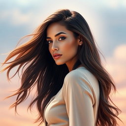 A stunning side view portrait of a confident and beautiful woman with long flowing hair, elegantly styled, wearing a fashionable outfit