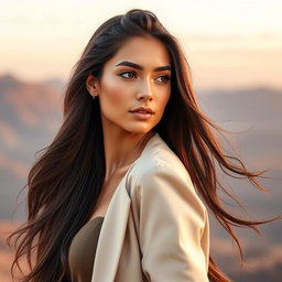 A stunning side view portrait of a confident and beautiful woman with long flowing hair, elegantly styled, wearing a fashionable outfit