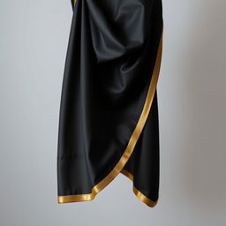 A luxurious black shawl elegantly draped, featuring a delicate thin border of shimmering gold