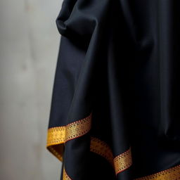 A luxurious black shawl elegantly draped, featuring a delicate thin border of shimmering gold