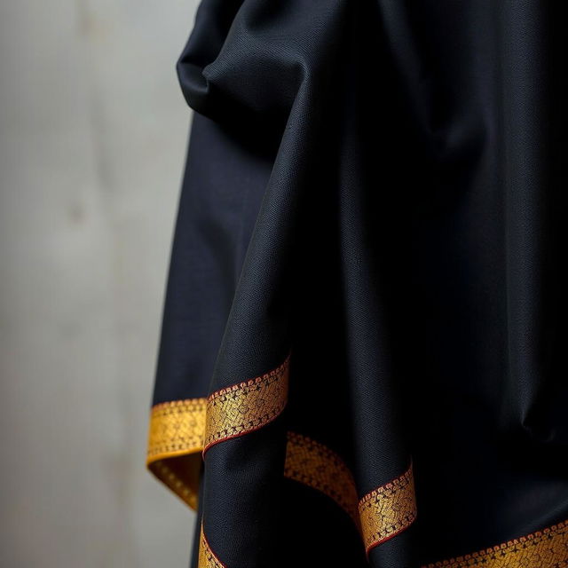 A luxurious black shawl elegantly draped, featuring a delicate thin border of shimmering gold