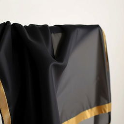 A luxurious black shawl elegantly draped, featuring a delicate thin border of shimmering gold