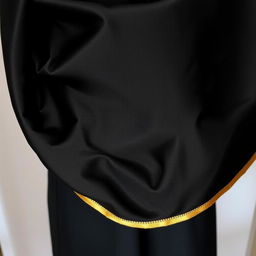 A luxurious black shawl elegantly draped, featuring a delicate thin border of shimmering gold