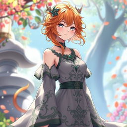 A stunning female original character inspired by Genshin Impact, featuring wavy orange hair flowing down to her shoulders and beautiful gray eyes