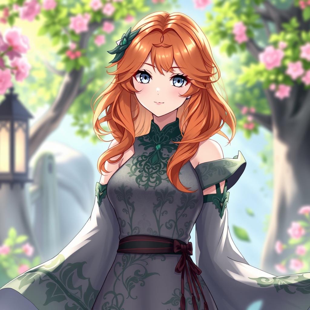 A stunning female original character inspired by Genshin Impact, featuring wavy orange hair flowing down to her shoulders and beautiful gray eyes
