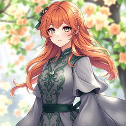 A stunning female original character inspired by Genshin Impact, featuring wavy orange hair flowing down to her shoulders and beautiful gray eyes
