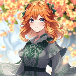 A stunning female original character inspired by Genshin Impact, featuring wavy orange hair flowing down to her shoulders and beautiful gray eyes