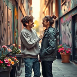 A tender and artistic scene depicting a modern romantic moment between two young men in a vibrant urban setting