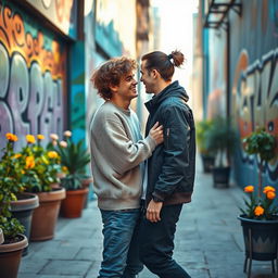 A tender and artistic scene depicting a modern romantic moment between two young men in a vibrant urban setting