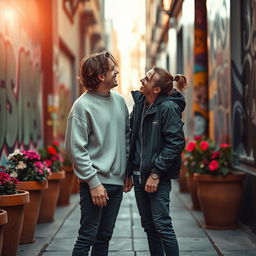 A tender and artistic scene depicting a modern romantic moment between two young men in a vibrant urban setting