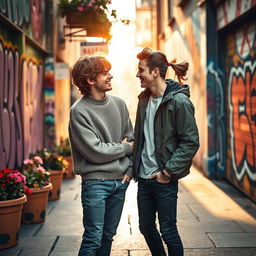A tender and artistic scene depicting a modern romantic moment between two young men in a vibrant urban setting