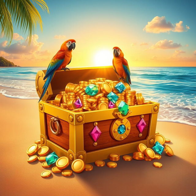 A bright and colorful digital art piece featuring a golden treasure chest overflowing with gold coins, jewels, and sparkling gems