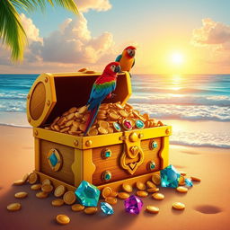 A bright and colorful digital art piece featuring a golden treasure chest overflowing with gold coins, jewels, and sparkling gems