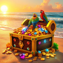A bright and colorful digital art piece featuring a golden treasure chest overflowing with gold coins, jewels, and sparkling gems