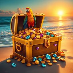 A bright and colorful digital art piece featuring a golden treasure chest overflowing with gold coins, jewels, and sparkling gems