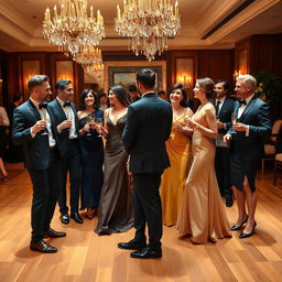 A group of diverse individuals, both men and women, dressed in elegant formal clothing