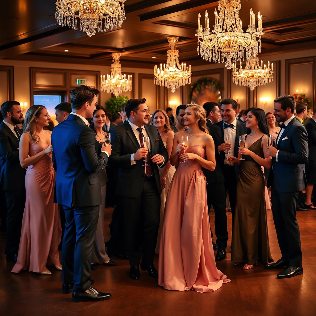 A group of diverse individuals, both men and women, dressed in elegant formal clothing