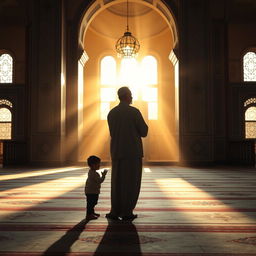 A serene and intimate scene depicting an Iranian Muslim Shia father and son in prayer (namaz) within a beautifully illuminated mosque at dawn