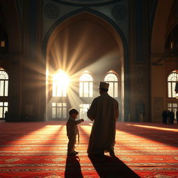 A serene and intimate scene depicting an Iranian Muslim Shia father and son in prayer (namaz) within a beautifully illuminated mosque at dawn
