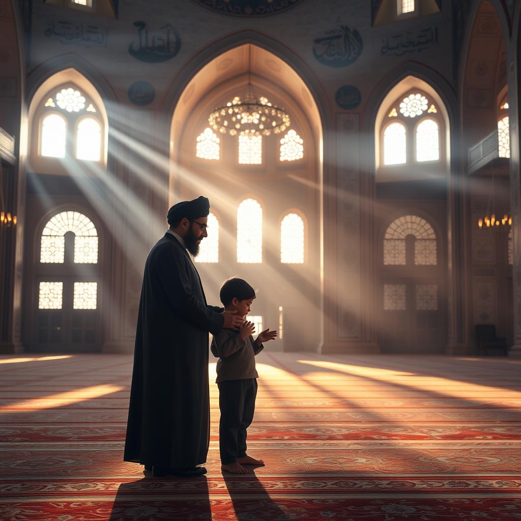 A serene and intimate scene depicting an Iranian Muslim Shia father and son in prayer (namaz) within a beautifully illuminated mosque at dawn