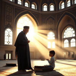 A serene and intimate scene depicting an Iranian Muslim Shia father and son in prayer (namaz) within a beautifully illuminated mosque at dawn