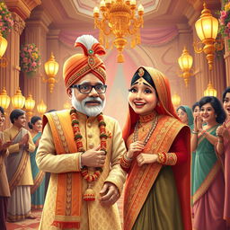 A whimsical and imaginative wedding scene featuring Narendra Modi and Sheikh Hasina dressed in traditional Indian and Bangladeshi wedding attire