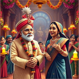 A whimsical and imaginative wedding scene featuring Narendra Modi and Sheikh Hasina dressed in traditional Indian and Bangladeshi wedding attire