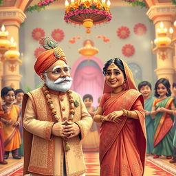 A whimsical and imaginative wedding scene featuring Narendra Modi and Sheikh Hasina dressed in traditional Indian and Bangladeshi wedding attire