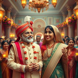 A whimsical and imaginative wedding scene featuring Narendra Modi and Sheikh Hasina dressed in traditional Indian and Bangladeshi wedding attire