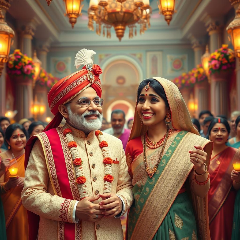 A whimsical and imaginative wedding scene featuring Narendra Modi and Sheikh Hasina dressed in traditional Indian and Bangladeshi wedding attire