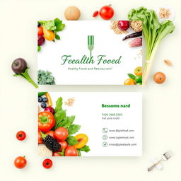 A beautifully designed business card for a healthy food restaurant, featuring fresh vegetables, fruits, and whole grains as the main elements