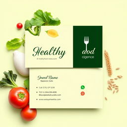 A beautifully designed business card for a healthy food restaurant, featuring fresh vegetables, fruits, and whole grains as the main elements