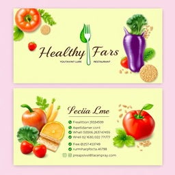 A beautifully designed business card for a healthy food restaurant, featuring fresh vegetables, fruits, and whole grains as the main elements