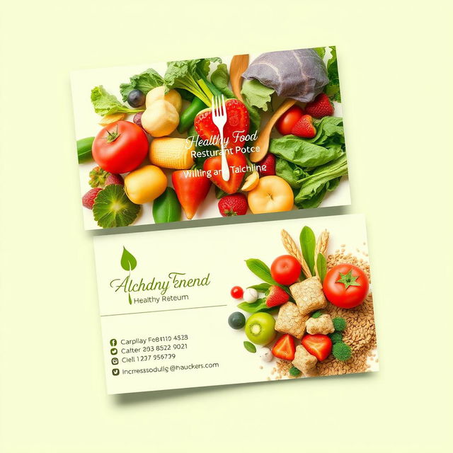 A beautifully designed business card for a healthy food restaurant, featuring fresh vegetables, fruits, and whole grains as the main elements