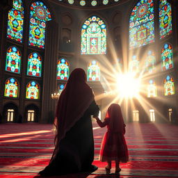 A Muslim Shia mother and daughter beautifully dressed in traditional Iranian attire, in the middle of their prayer (namaz) inside a stunning mosque