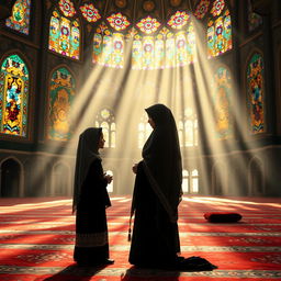 A Muslim Shia mother and daughter beautifully dressed in traditional Iranian attire, in the middle of their prayer (namaz) inside a stunning mosque