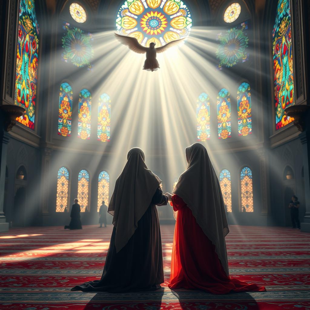 A Muslim Shia mother and daughter beautifully dressed in traditional Iranian attire, in the middle of their prayer (namaz) inside a stunning mosque
