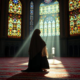 A Muslim Shia mother and daughter beautifully dressed in traditional Iranian attire, in the middle of their prayer (namaz) inside a stunning mosque