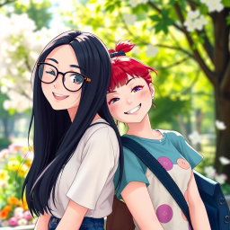 A playful scene featuring a girl with long black hair and stylish glasses, winking charmingly at her friend, who has vibrant red hair