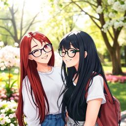 A playful scene featuring a girl with long black hair and stylish glasses, winking charmingly at her friend, who has vibrant red hair