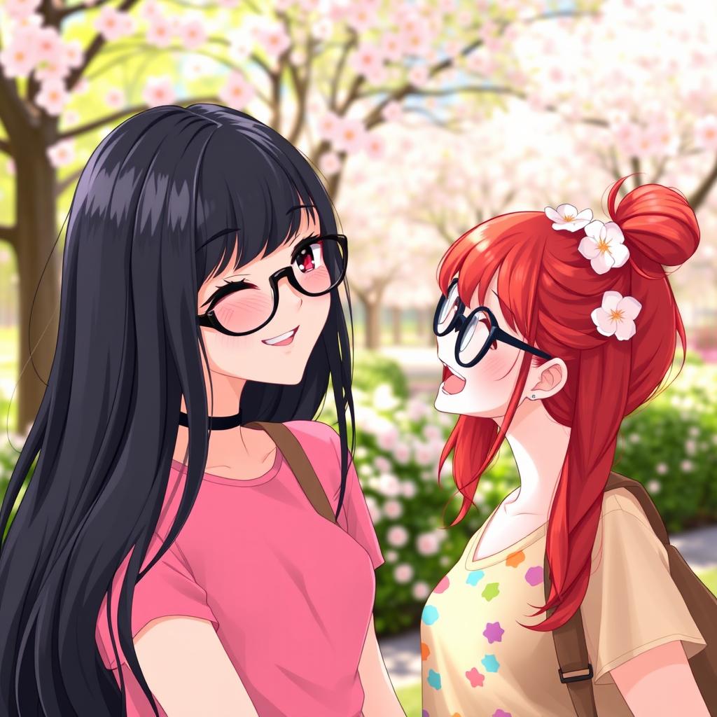 A playful scene featuring a girl with long black hair and stylish glasses, winking charmingly at her friend, who has vibrant red hair