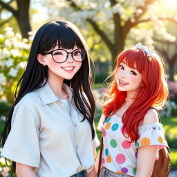 A playful scene featuring a girl with long black hair and stylish glasses, winking charmingly at her friend, who has vibrant red hair