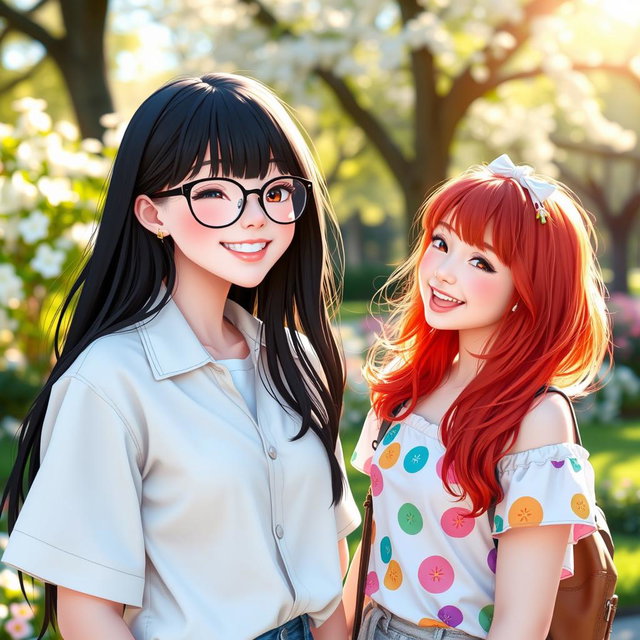 A playful scene featuring a girl with long black hair and stylish glasses, winking charmingly at her friend, who has vibrant red hair