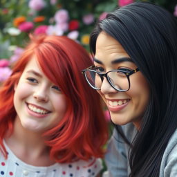 A playful scene featuring a person with sleek black hair wearing stylish glasses, winking charmingly at a girl with vibrant red hair