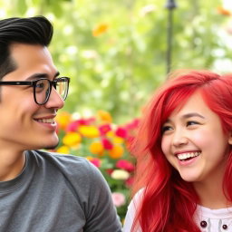 A playful scene featuring a person with sleek black hair wearing stylish glasses, winking charmingly at a girl with vibrant red hair