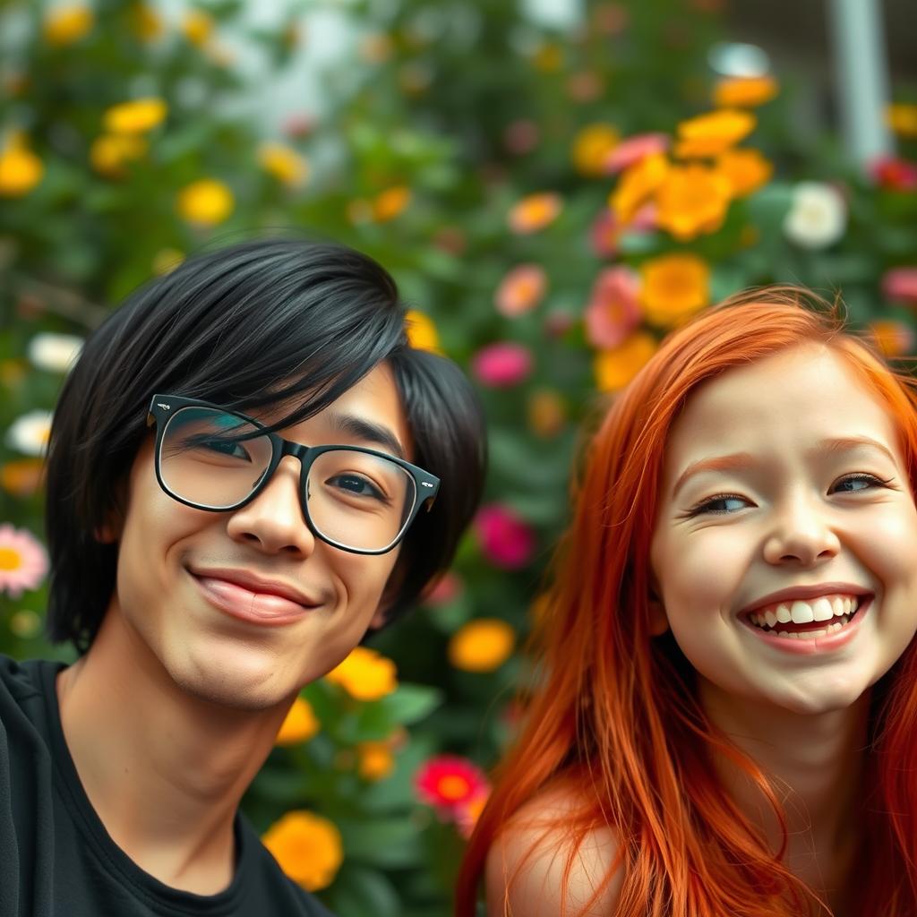 A playful scene featuring a person with sleek black hair wearing stylish glasses, winking charmingly at a girl with vibrant red hair