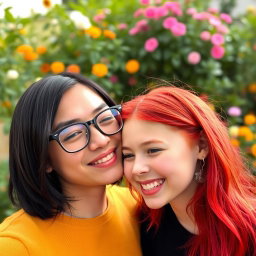 A playful scene featuring a person with sleek black hair wearing stylish glasses, winking charmingly at a girl with vibrant red hair