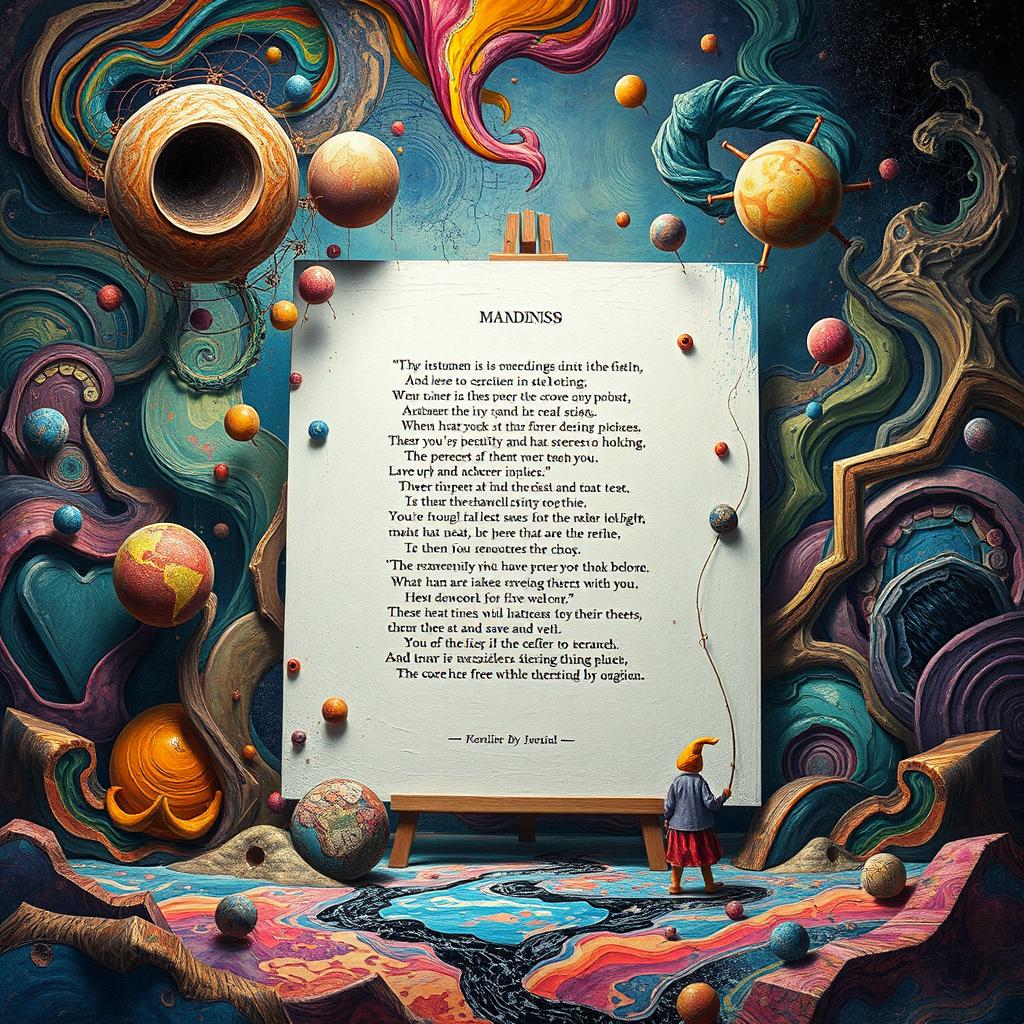A surreal artistic representation of a poem being tested in a far-sighted intellect, with abstract elements symbolizing madness