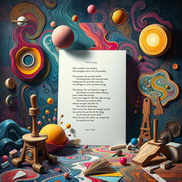 A surreal artistic representation of a poem being tested in a far-sighted intellect, with abstract elements symbolizing madness